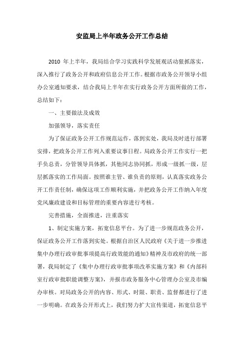 安监局上半年政务公开工作总结