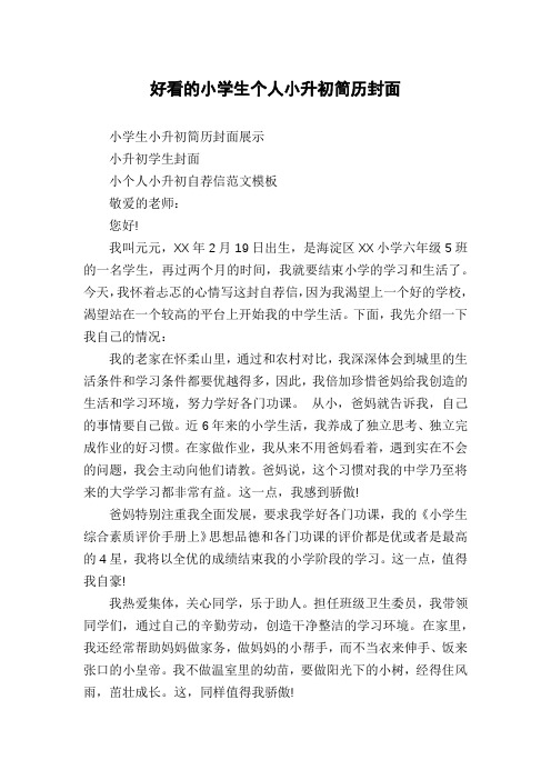 好看的小学生个人小升初简历封面
