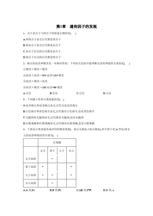 2019-2020学年高中生物人教版(2019)必修二单元测试 第1章 遗传因子的发现 Word版含答案