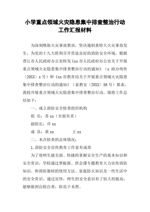 小学重点领域火灾隐患集中排查整治行动工作汇报材料