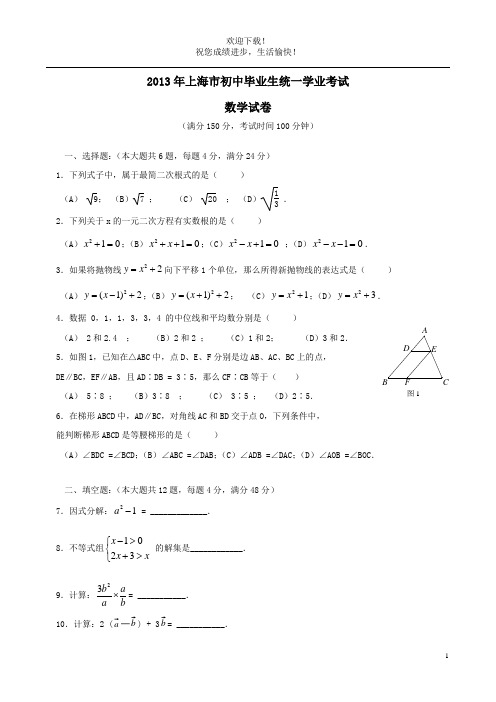 上海市2013年中考数学真题试题