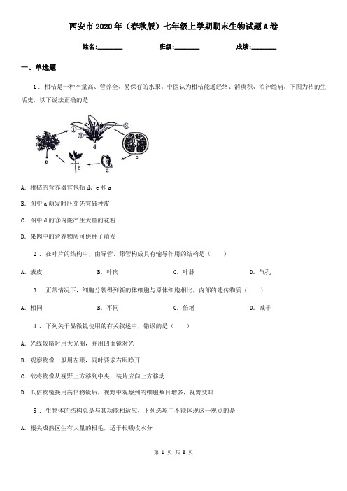 西安市2020年(春秋版)七年级上学期期末生物试题A卷-1