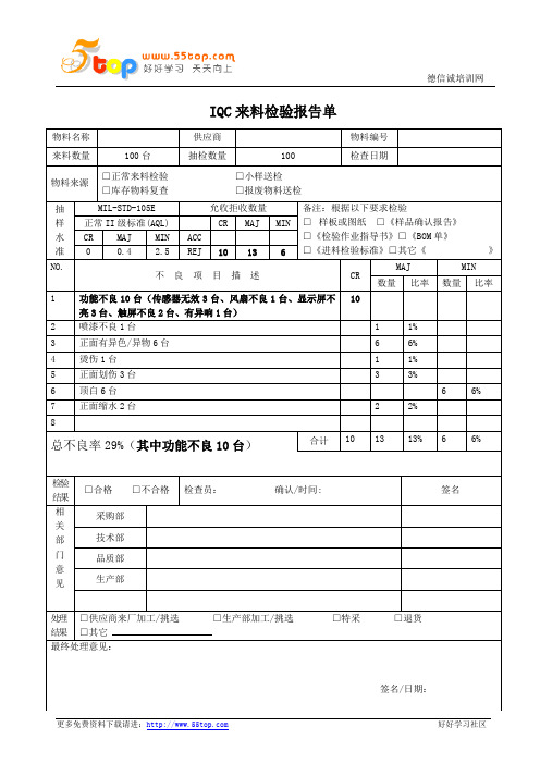 IQC来料检验报告单