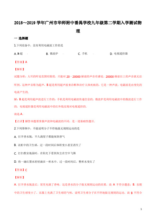 广东省广州市华南师范大学附属中学番禺学校2019届九年级第二学期入学测试物理试题(附答案)