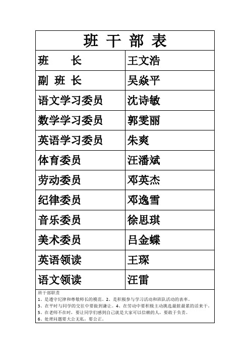 班干部表 Microsoft Word 文档