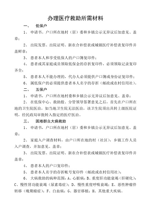 办理医疗救助所需材料