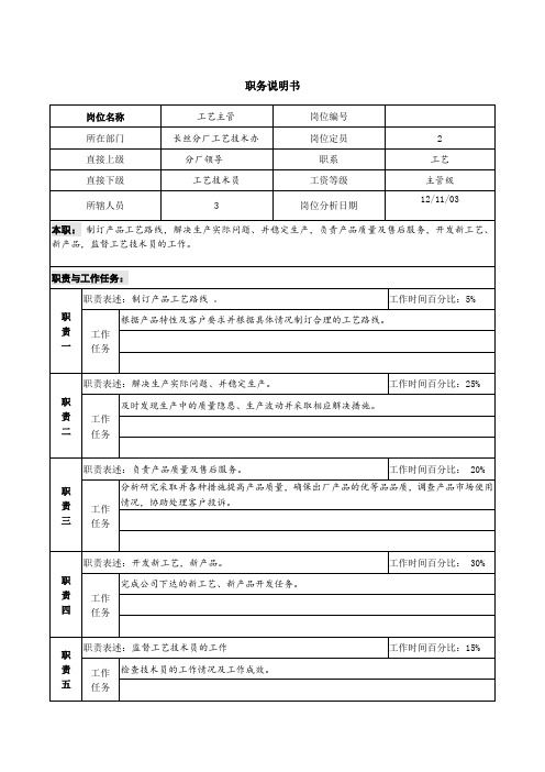 新丰化纤工艺主管岗位职务说明书.doc