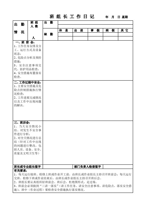 班 组 长 工 作 日 记   年   月   日 星期