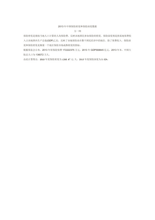 2013年中国保险密度和保险深度数据