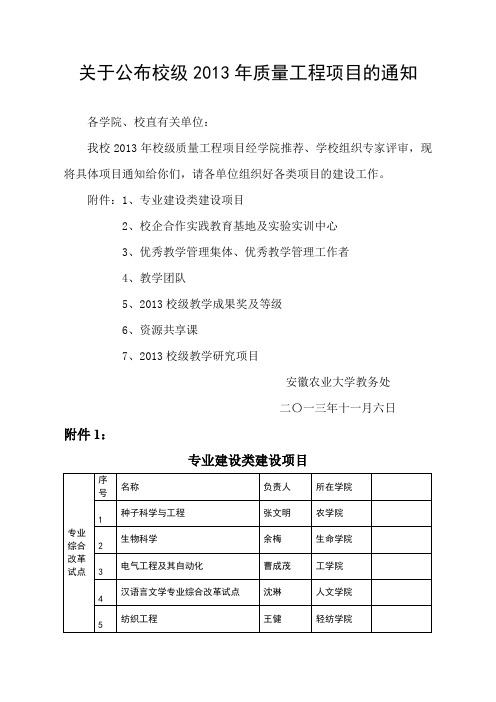 关于公布校级2013年质量工程项目的通知
