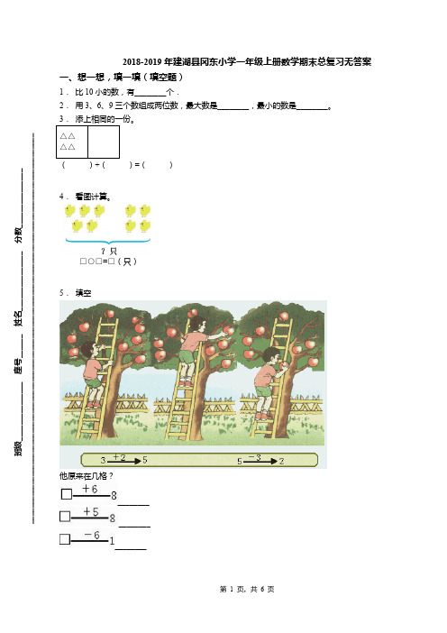 2018-2019年建湖县冈东小学一年级上册数学期末总复习无答案
