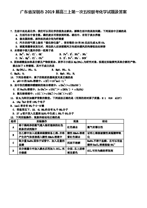 广东省深圳市2019届高三上第一次五校联考化学试题及答案