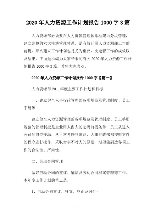 2020年人力资源工作计划报告1000字3篇.doc