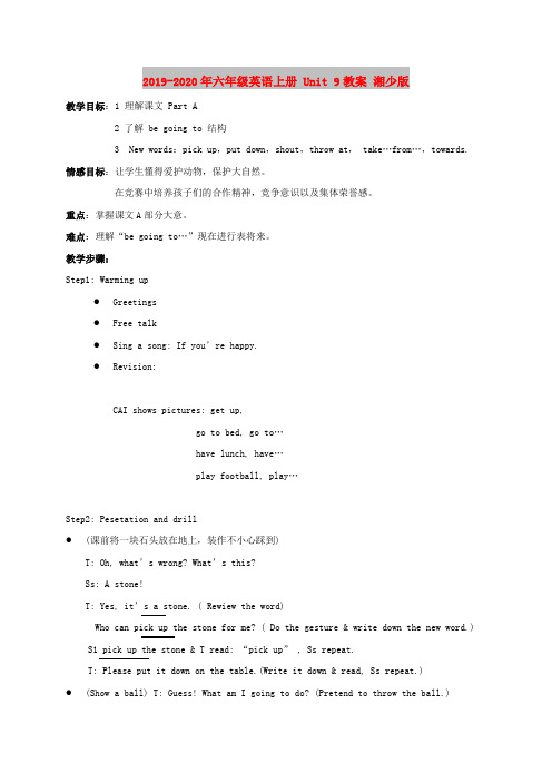 2019-2020年六年级英语上册 Unit 9教案 湘少版