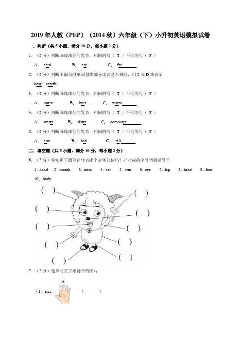 六年级下册英语试题 2019小升初英语模拟试卷 (含答案 )人教PEP2014秋 (1)