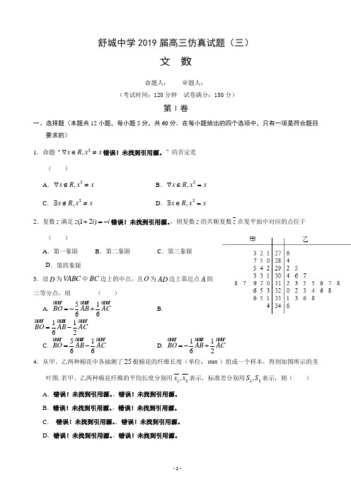 2019届安徽省六安市舒城中学高三下学期第三次仿真模拟数学(文)试题(word版)