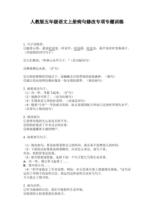 人教版五年级语文上册病句修改专项专题训练