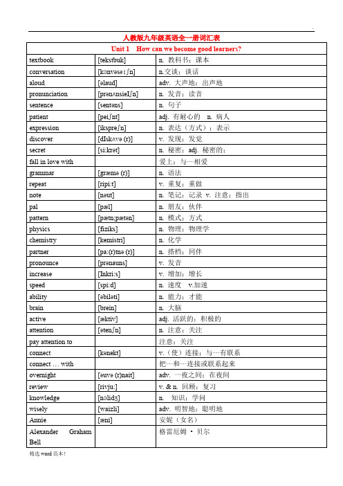 人教版九年级全册英语单词词汇表