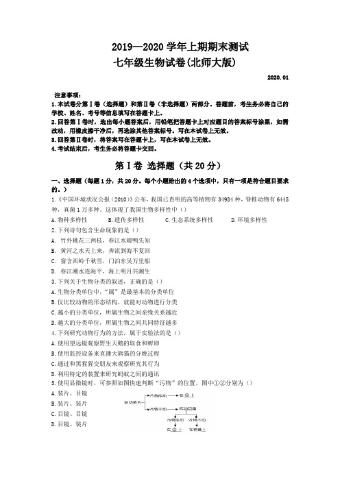 北师大版7年级生物期末试卷2019.12