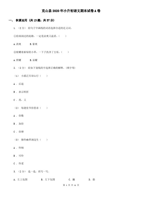 克山县2020年小升初语文期末试卷A卷