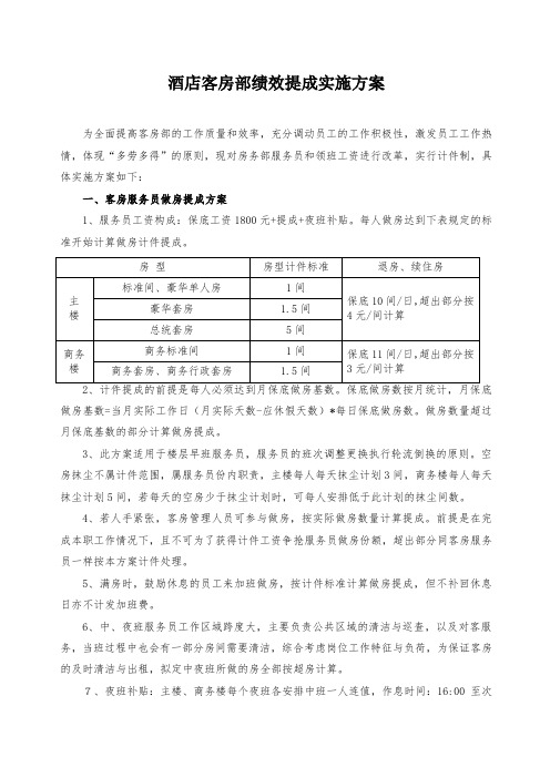 酒店客房部绩效提成方案