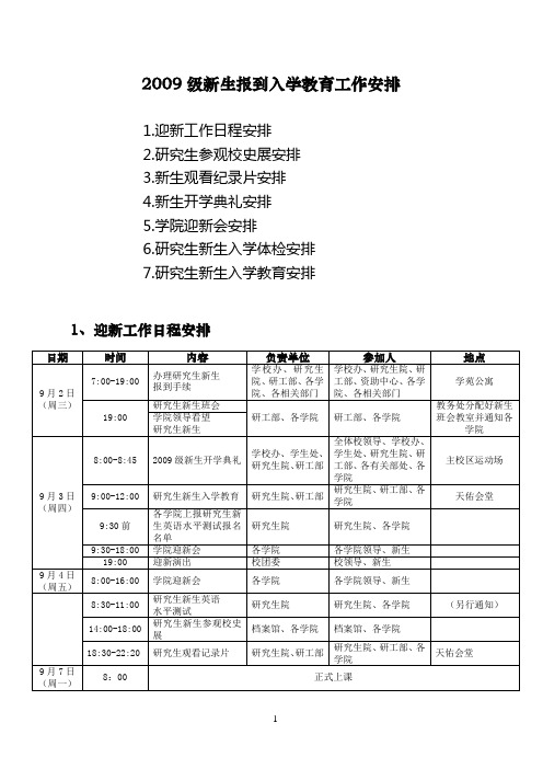 2009级新生报到入学教育工作安排