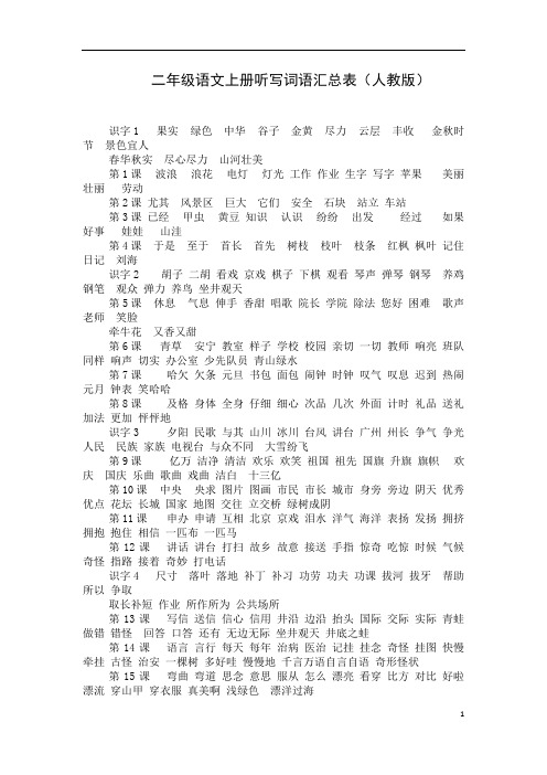 人教版二年级语文全上册听写词语汇总表
