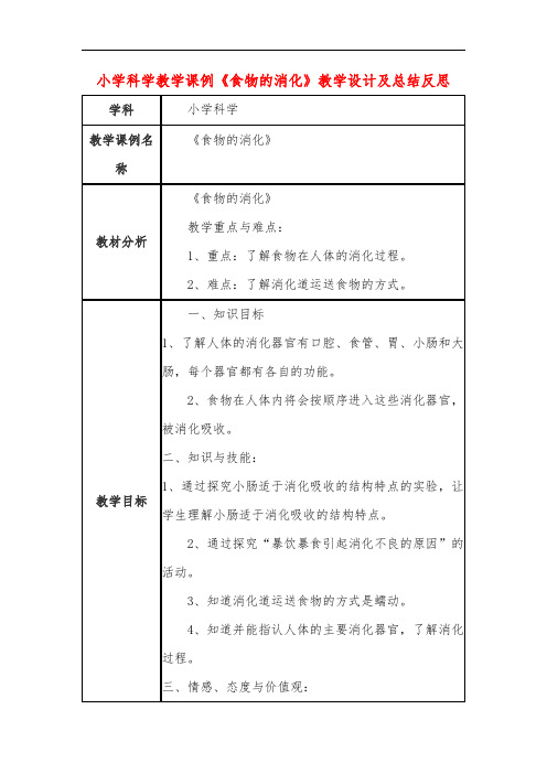 小学科学教学课例《食物的消化》课程思政核心素养教学设计及总结反思