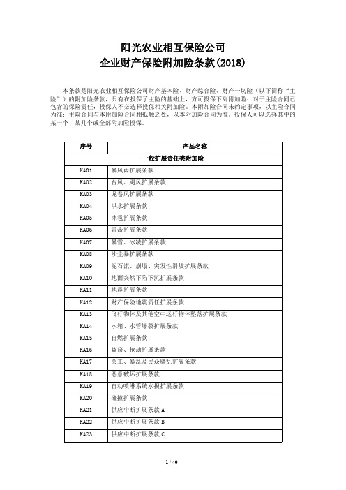 阳光农业相互保险公司企业财产保险附加险条款(2018)