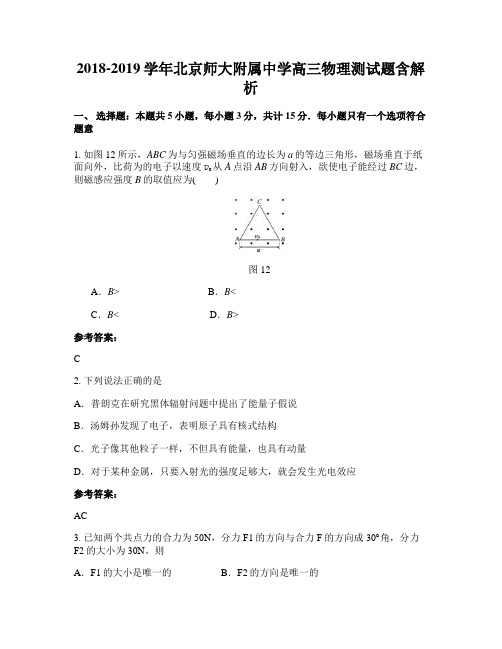 2018-2019学年北京师大附属中学高三物理测试题含解析
