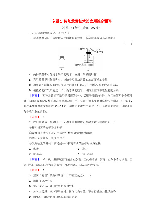 2016-2017学年高中生物 专题1 传统发酵技术的应用综合测评 新人教版选修1