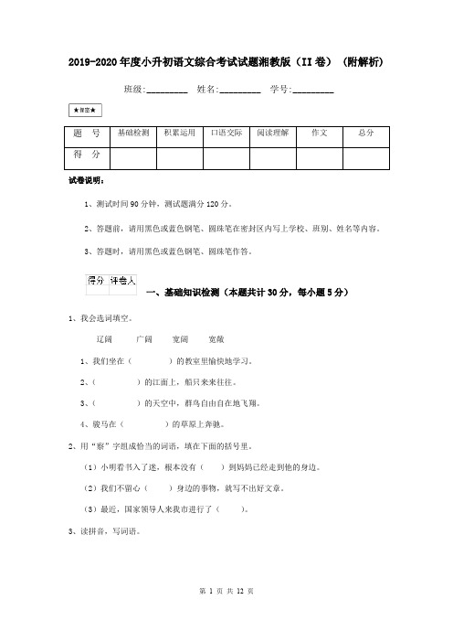 2019-2020年度小升初语文综合考试试题湘教版(II卷) (附解析)