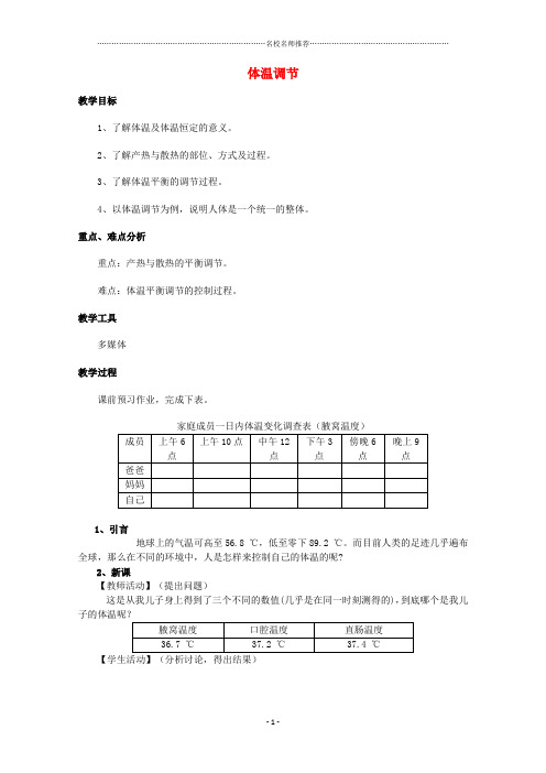 高中生物第一单元生物个体的稳态与调节第二章动物稳态维持及其意义1.2.4体温调节名师精选教案中图版必修