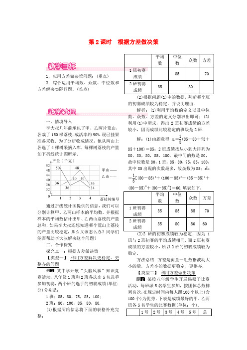 八年级数学下册第二十章数据的分析数据的波动程度根据方差做决策教案新版新人教版