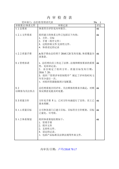 9001内审检查表