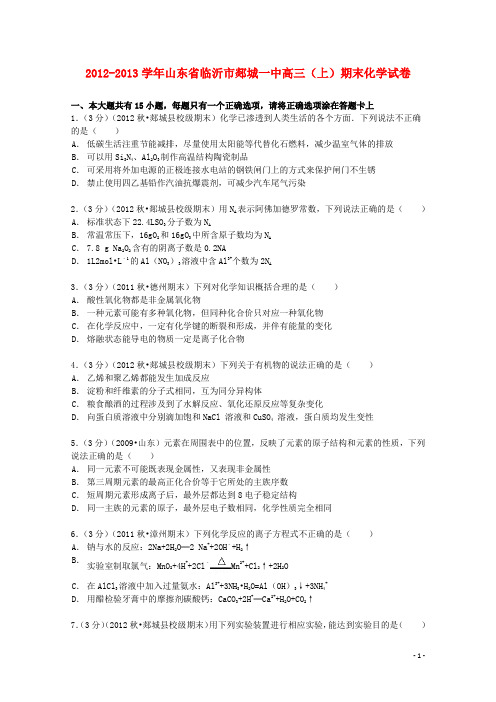 山东省临沂市郯城一中2013届高三化学上学期期末试卷(含解析)