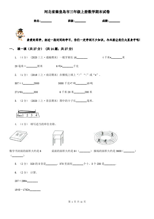 河北省秦皇岛市三年级上册数学期末试卷