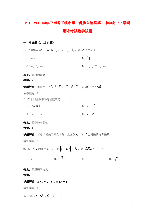 云南省玉溪市峨山彝族自治县第一中学高一数学上学期期末考试试卷(含解析)