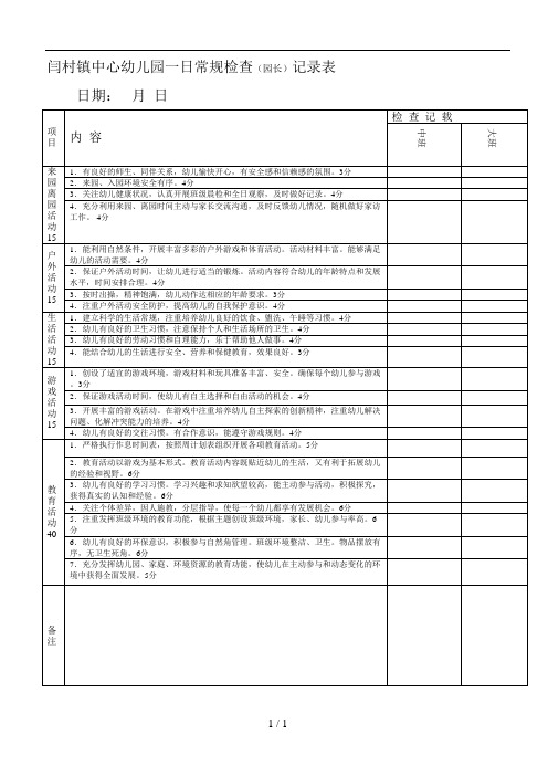 幼儿园班级一日常规检查表