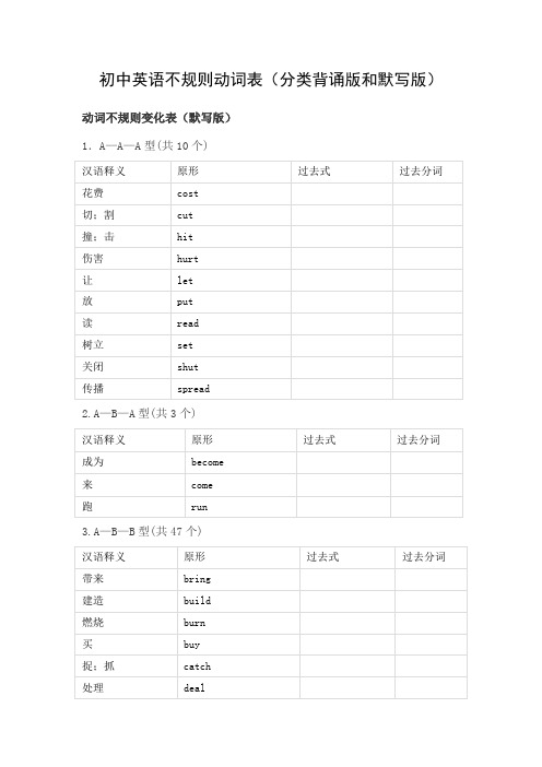 初中英语不规则动词表(分类背诵版和默写版)