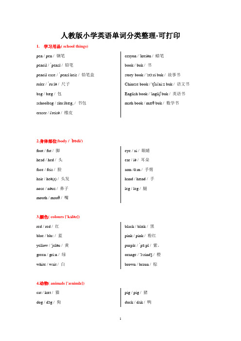 人教版小学英语单词分类整理-可打印
