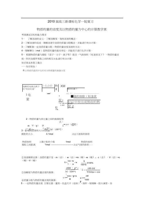 2010高三化学一轮复习物质的量的浓度及以物质的量为中心的计算教学案