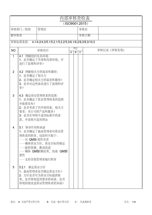 IOS9001：2015内审检查表(各部门)