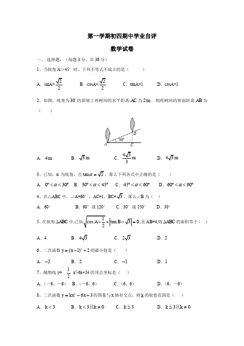 第一学期初四期中学业自评数学试卷