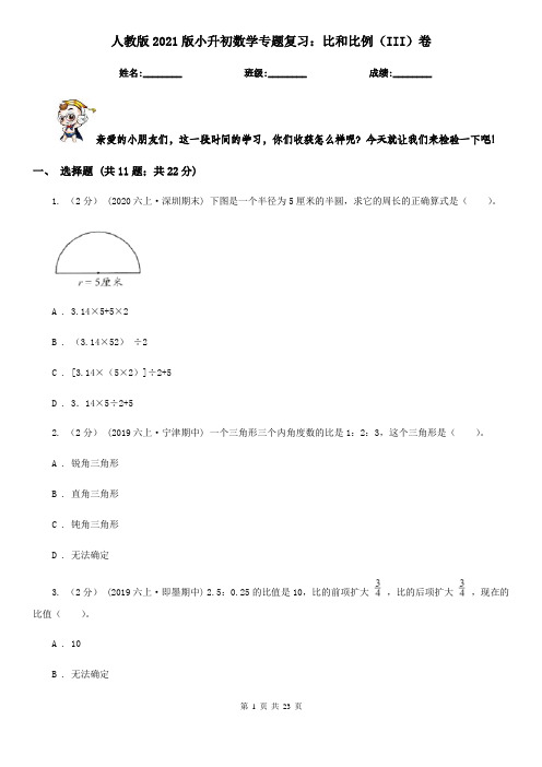 人教版2021版小升初数学专题复习：比和比例（III）卷