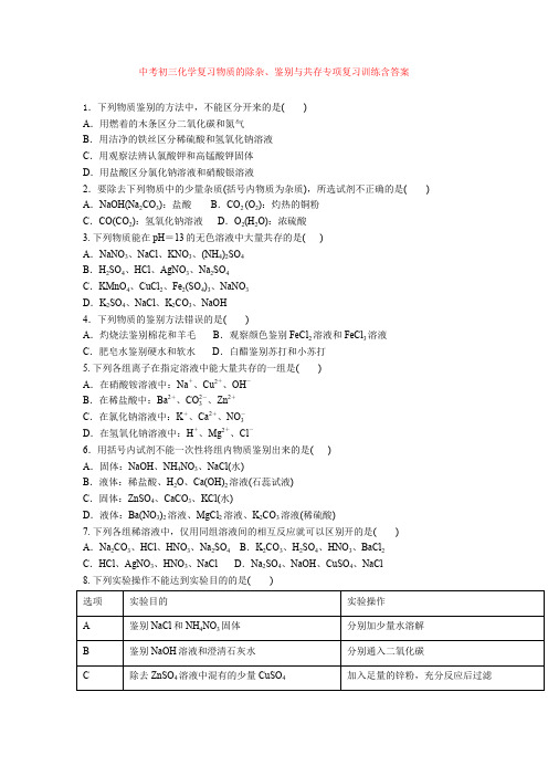 中考初三化学复习物质的除杂、鉴别与共存专项复习训练含答案