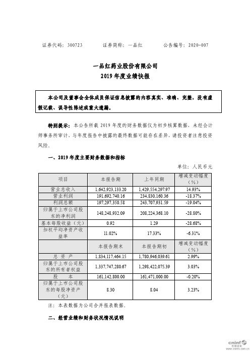 一品红：2019年度业绩快报