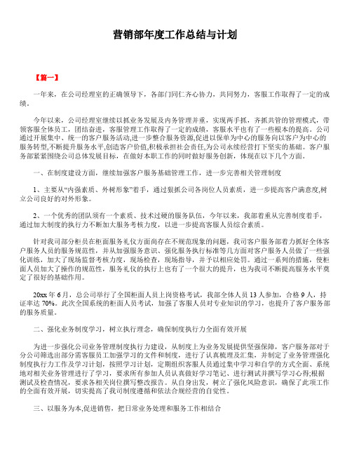 2020年最新版精选营销部工作总结与计划