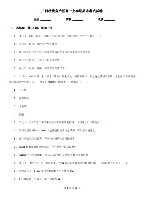 广西壮族自治区高一上学期期末考试试卷