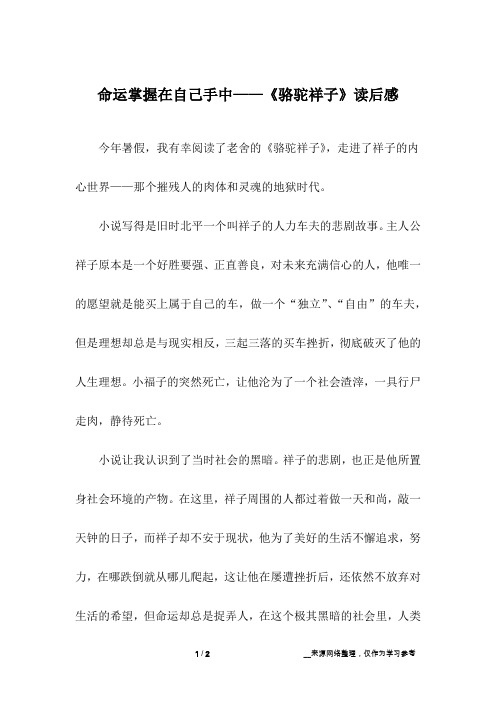 命运掌握在自己手中——《骆驼祥子》读后感_高中作文